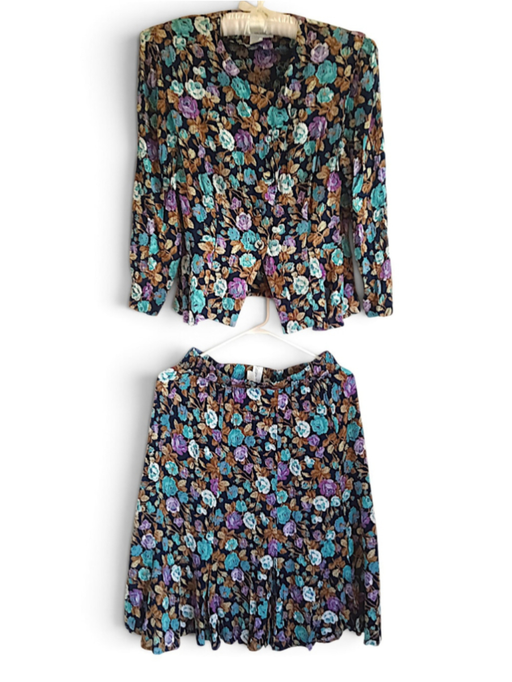 80s Laura Henson Crepe Skirt Set Turquoise purple cream floral flowy vintage